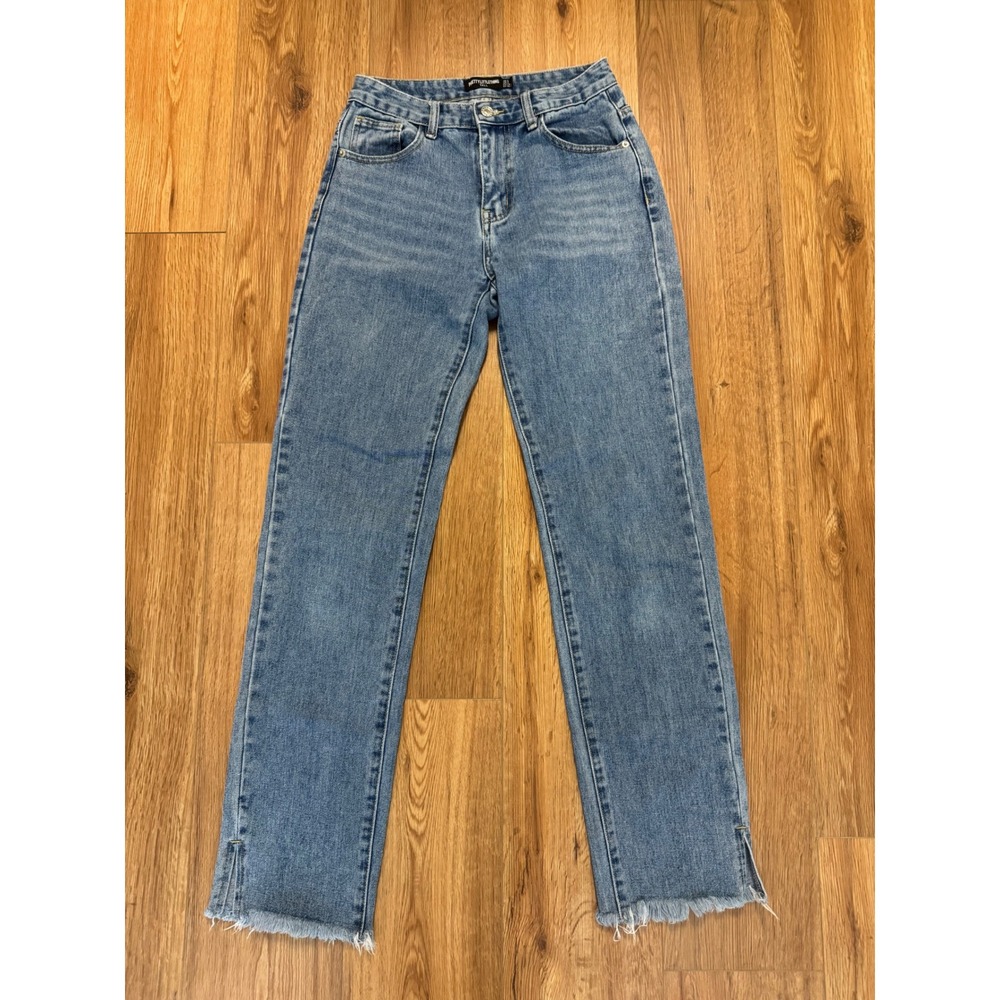 PrettyLittleThing Tall Straight Leg Jeans Blue Frayed Hem Size US 2 26x32